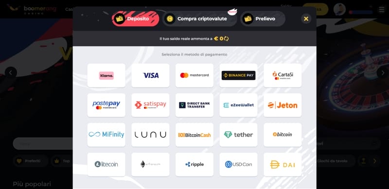 Deposito al bookmaker Boomerang