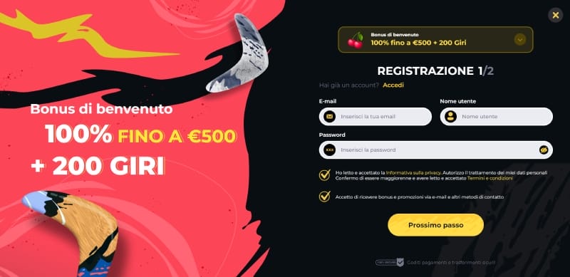 Registrazione al bookmaker Boomerang