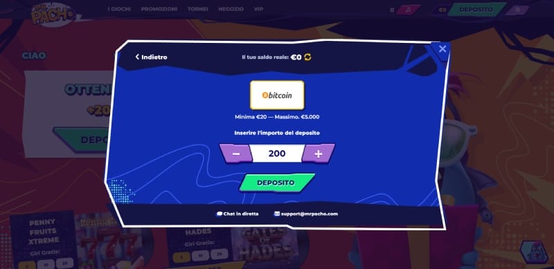 Depositare con Bitcoin su MrPacho