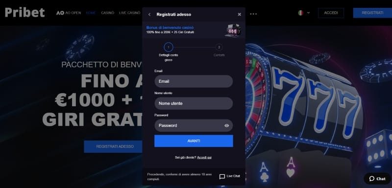 Registrazione al casinò Pribet