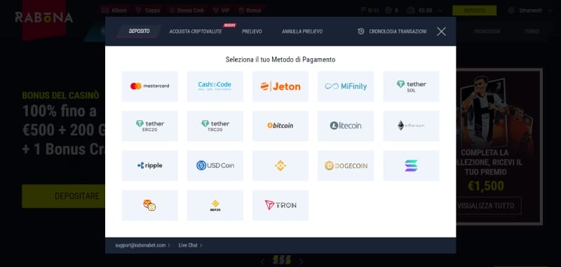 Metodi di deposito Rabona