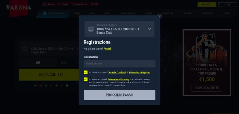 Registrazione al casinò Rabona