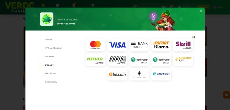 Metodi di deposito di Verde Casino