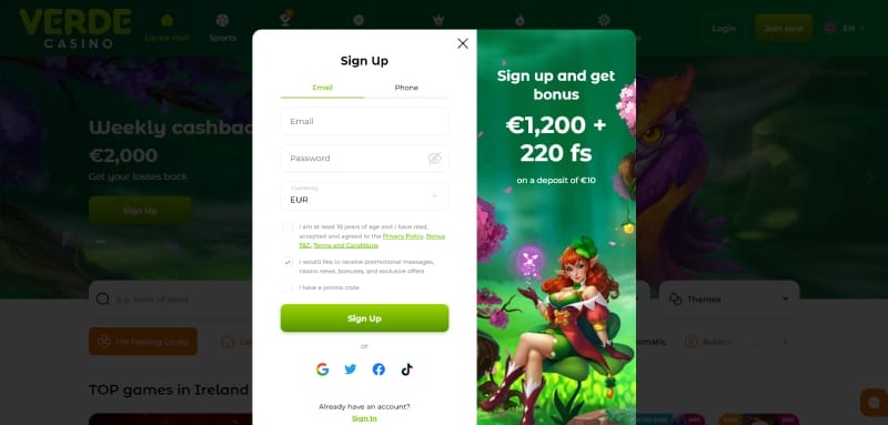 Registrazione al casinò Verde